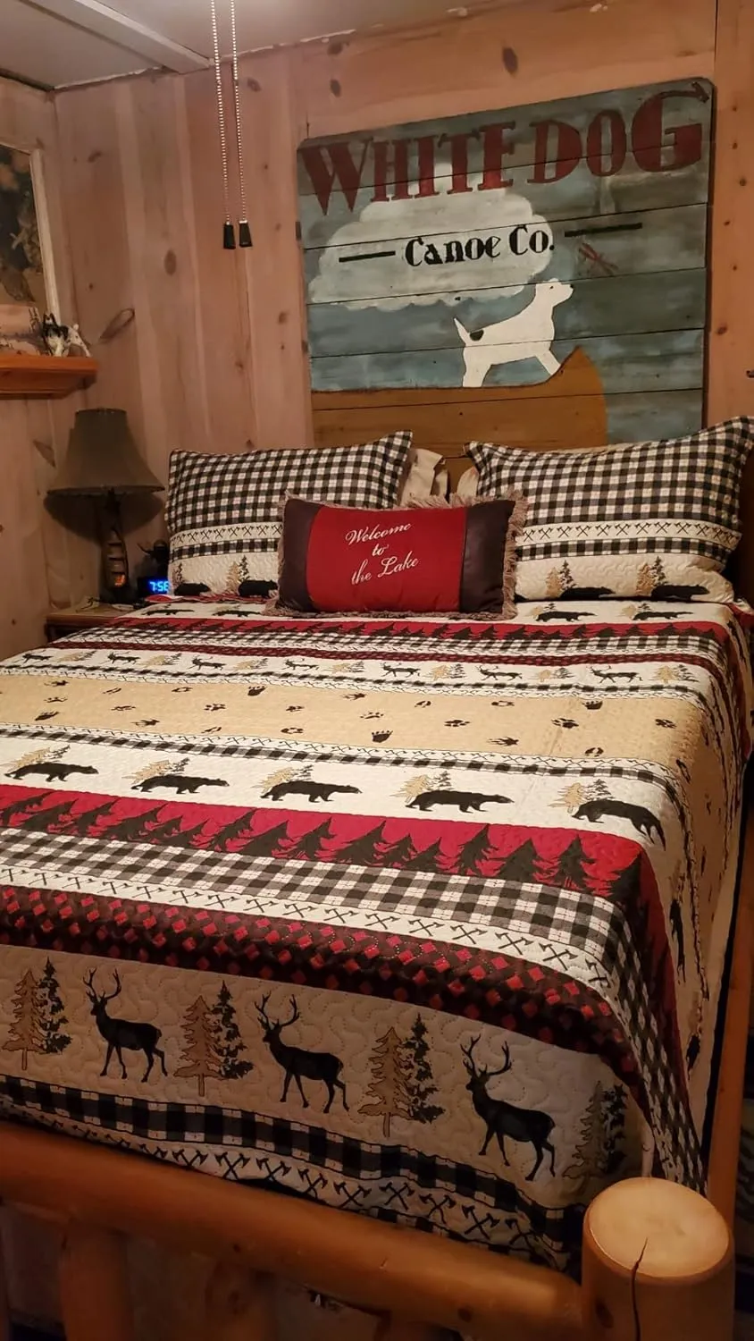 CHESITY Queen Size Quilt Lodge Bedspread Plaid Quilts Set Rustic Cabin Bedding Coverlet Black Deer Bear Paw Printed Reversible Lightweight Black White Patchwork Bed Cover Country Bedding Decor