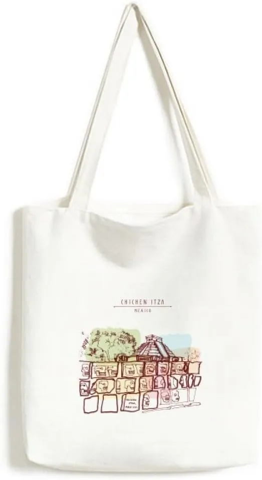 Chichen Itza Mexico Ancient Civilization Drawing Environmentally Tote Canvas Bag Shopping Handbag Craft Washable