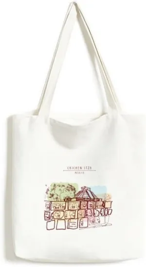 Chichen Itza Mexico Ancient Civilization Drawing Environmentally Tote Canvas Bag Shopping Handbag Craft Washable