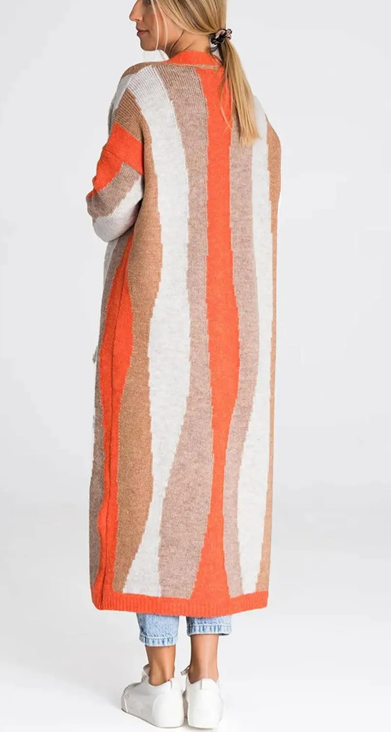 chouyatou Women's Fall Open Front Color Block Long Cardigan Sweater Coat Casual Vertical Striped Coatigan