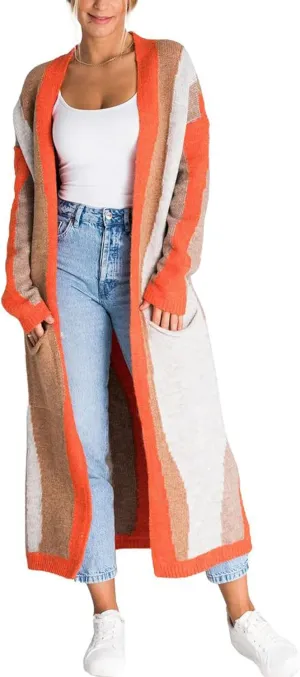 chouyatou Women's Fall Open Front Color Block Long Cardigan Sweater Coat Casual Vertical Striped Coatigan