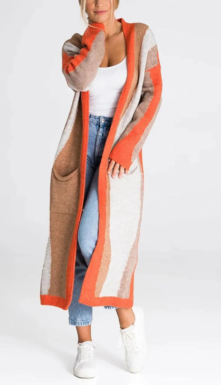 chouyatou Women's Fall Open Front Color Block Long Cardigan Sweater Coat Casual Vertical Striped Coatigan