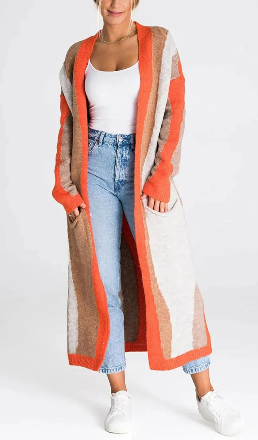 chouyatou Women's Fall Open Front Color Block Long Cardigan Sweater Coat Casual Vertical Striped Coatigan
