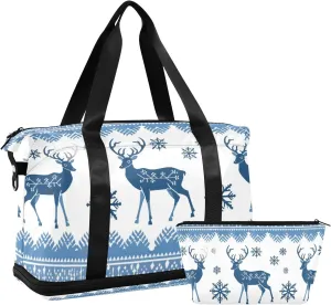 Christmas Blue and White Snow Elk Travel Duffel Bag Gym Sports Carry with Toiletry Bag for Sports Large Capacity
