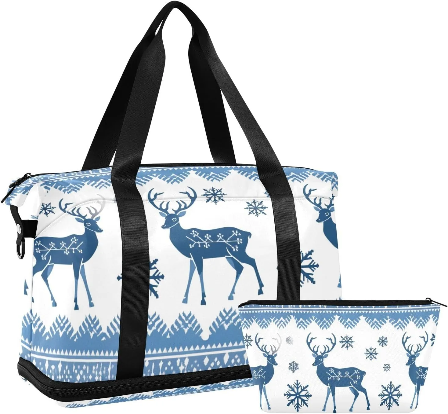 Christmas Blue and White Snow Elk Travel Duffel Bag Gym Sports Carry with Toiletry Bag for Sports Large Capacity