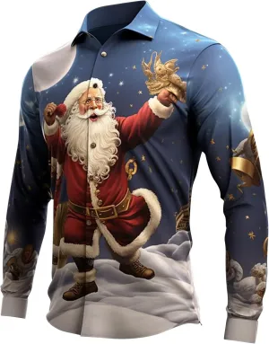 Christmas Hawaiian Shirt for Men Ugly Funny Slim Fit Santa Printed Dress Shirts Long Sleeve Button Down Holiday Shirt
