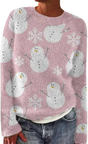 Christmas Jumpers for Women Winter Fair Isle Xmas Reindeer Print Knitted Sweater Casual Retro Crewneck Pullover Tops