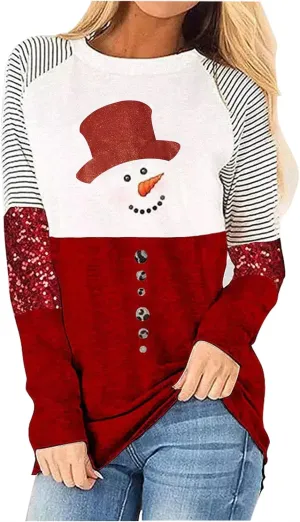 Christmas Snowman Leopard Tunic for Women Color Block Casual Long Sleeve Striped Blouse Round Neck Pullover T Shirt Tops