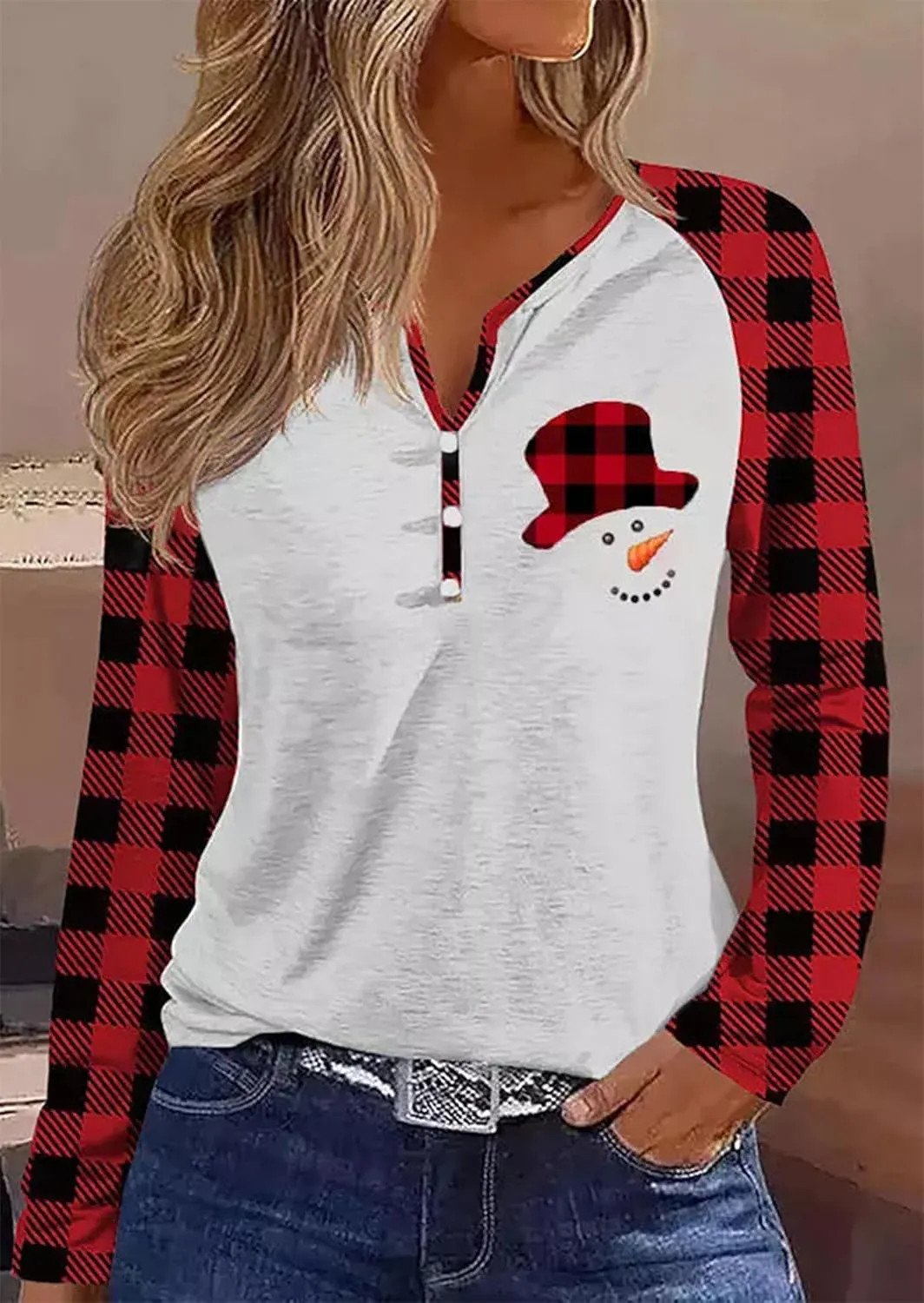 Christmas Snowman Leopard Tunic for Women Color Block Casual Long Sleeve Striped Blouse Round Neck Pullover T Shirt Tops