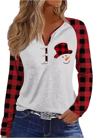 Christmas Snowman Leopard Tunic for Women Color Block Casual Long Sleeve Striped Blouse Round Neck Pullover T Shirt Tops