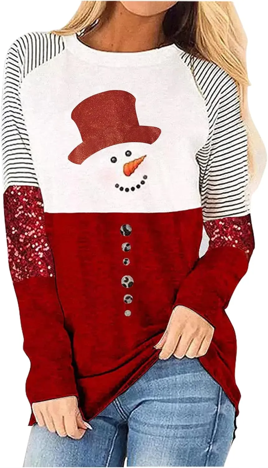 Christmas Snowman Leopard Tunic for Women Color Block Casual Long Sleeve Striped Blouse Round Neck Pullover T Shirt Tops