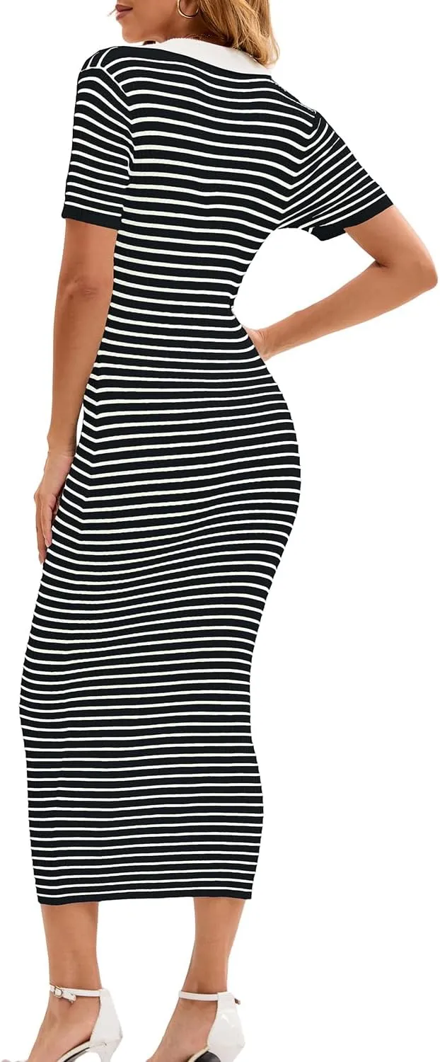 Cioatin Women Short Sleeve Striped Knit Bodycon Midi Dresses Polo Collar V Neck Long Maxi Dress Slim Fit Formal Party