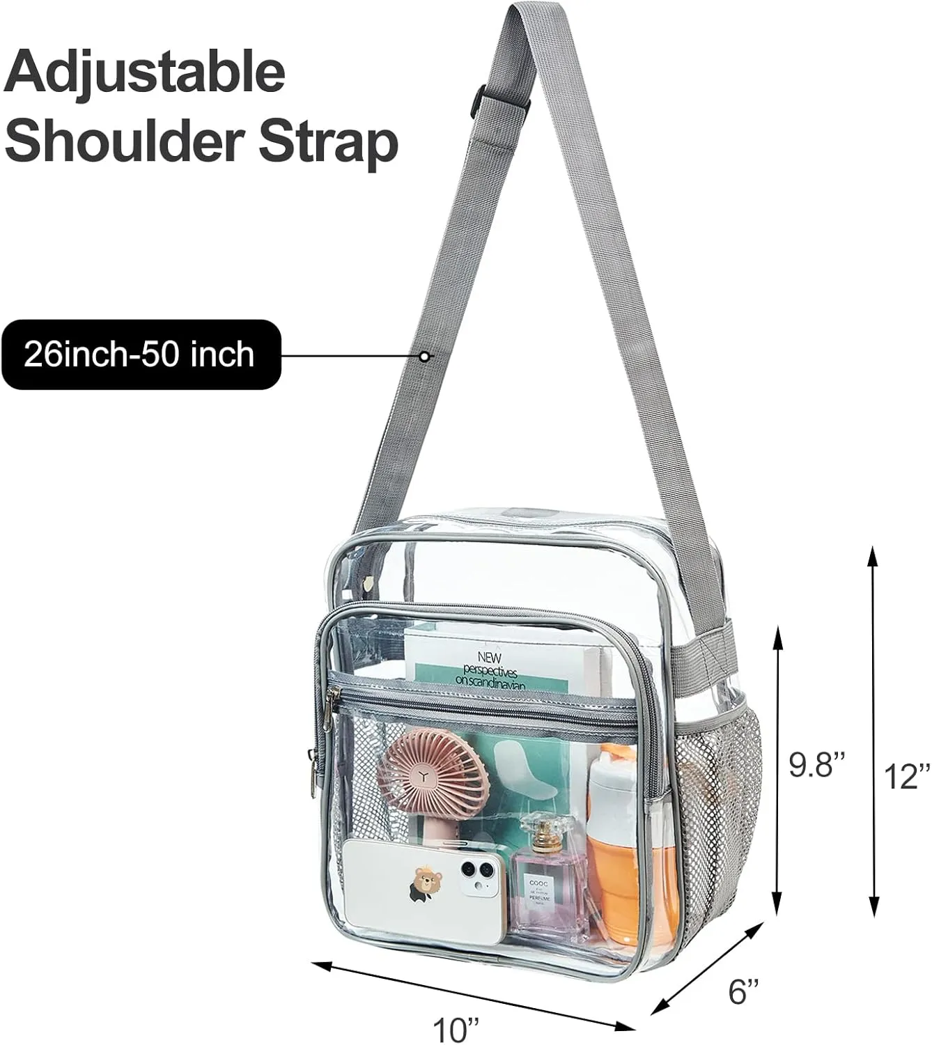 Clear Bag Stadium Approved, Clear Crossbody Messenger Shoulder Bag with Adjustable Strap for Concerts, Sports Events
