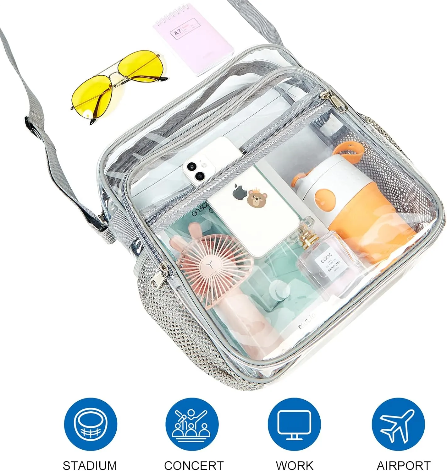 Clear Bag Stadium Approved, Clear Crossbody Messenger Shoulder Bag with Adjustable Strap for Concerts, Sports Events