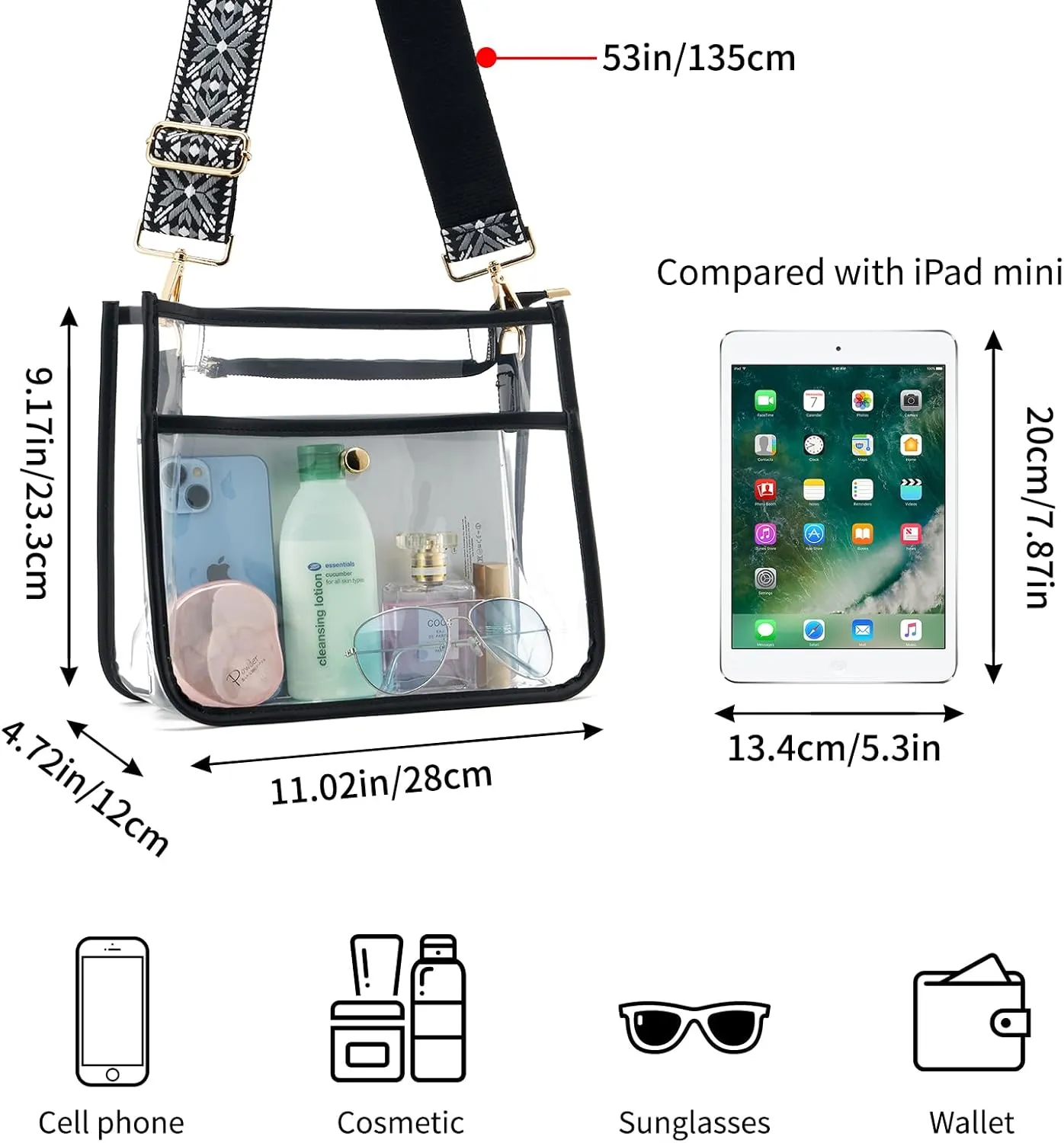 Clear Crossbody Bag Stadium Approved, Adjustable Shoulder Strap Clear Purse Bag for Concerts Sports Events Festivals