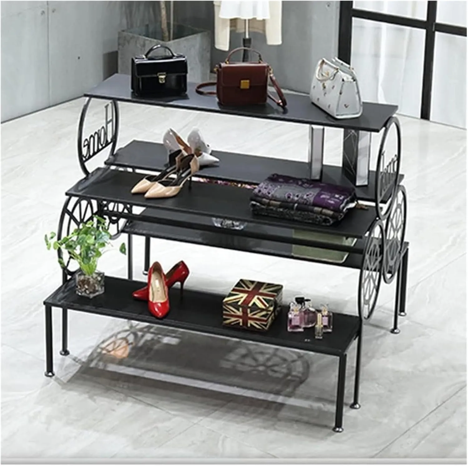 Clothes Rail Garment Rack Retail Display Tables For Shoe Shop, Standing Clothing Shoes Display Rack Unit Storage Shelves Trapezoidal Floor-to-ceiling Shelves Multi-level Shoes And Handbags Shelf ( Col