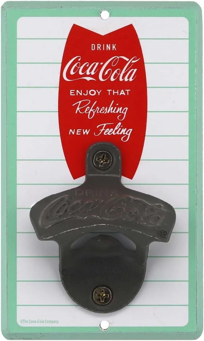Coca-Cola Striped Wall Bottle Opener - Vintage Coca-Cola Bottle Opener Made With Wood and Cast Metal - Great Gift Idea