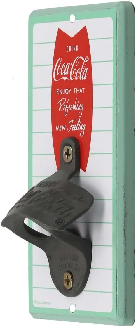 Coca-Cola Striped Wall Bottle Opener - Vintage Coca-Cola Bottle Opener Made With Wood and Cast Metal - Great Gift Idea