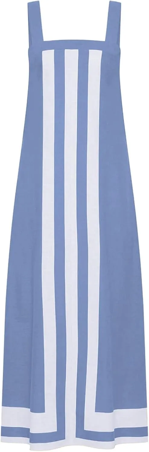 Color Block Dress for Women Sleeveless Boho Shoulder Strap Striped Flowy Beach Casual Summer Cover Up Maxi Long Dress