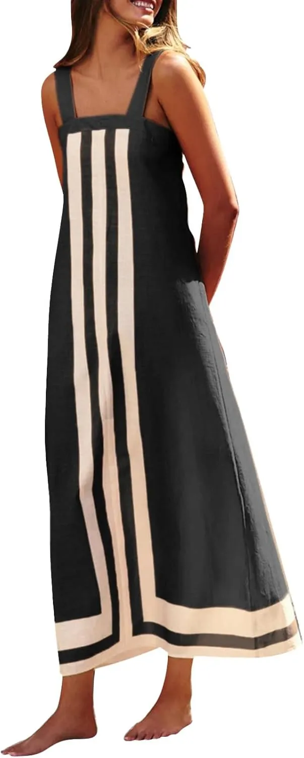 Color Block Dress for Women Sleeveless Boho Shoulder Strap Striped Flowy Beach Casual Summer Cover Up Maxi Long Dress