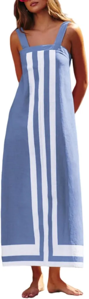 Color Block Dress for Women Sleeveless Boho Shoulder Strap Striped Flowy Beach Casual Summer Cover Up Maxi Long Dress