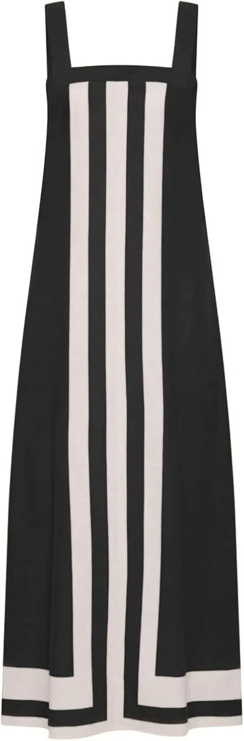 Color Block Dress for Women Sleeveless Boho Shoulder Strap Striped Flowy Beach Casual Summer Cover Up Maxi Long Dress