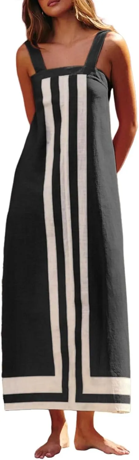 Color Block Dress for Women Sleeveless Boho Shoulder Strap Striped Flowy Beach Casual Summer Cover Up Maxi Long Dress