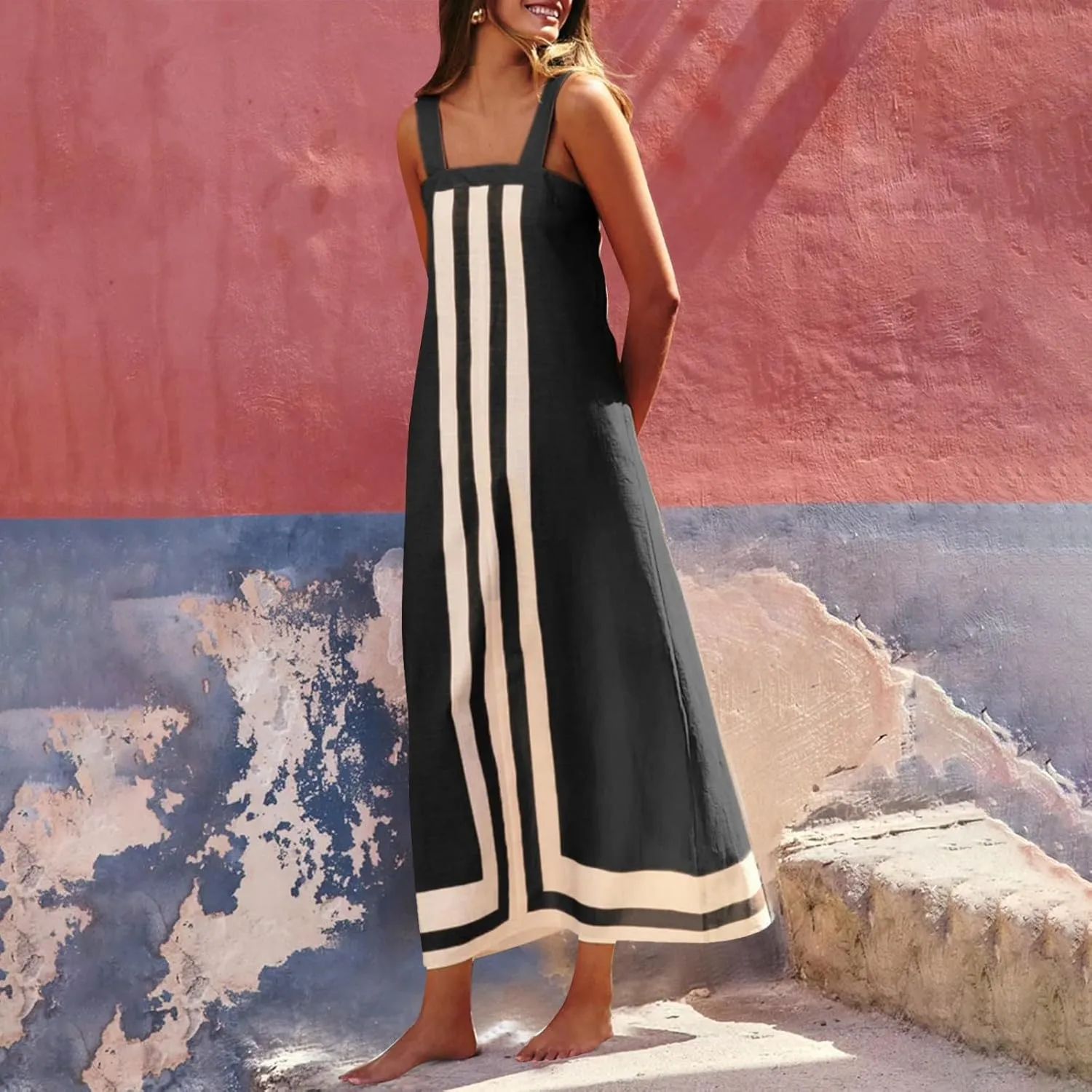 Color Block Dress for Women Sleeveless Boho Shoulder Strap Striped Flowy Beach Casual Summer Cover Up Maxi Long Dress