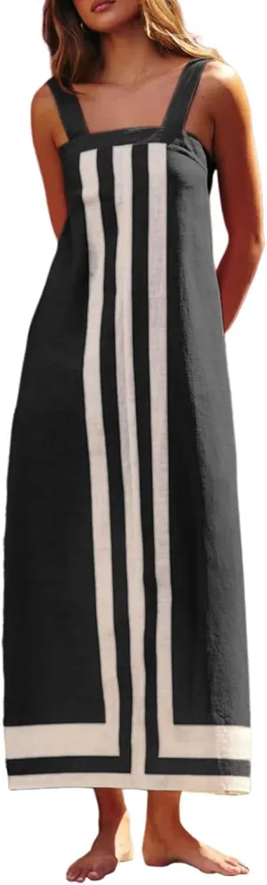 Color Block Dress for Women Sleeveless Boho Shoulder Strap Striped Flowy Beach Casual Summer Cover Up Maxi Long Dress