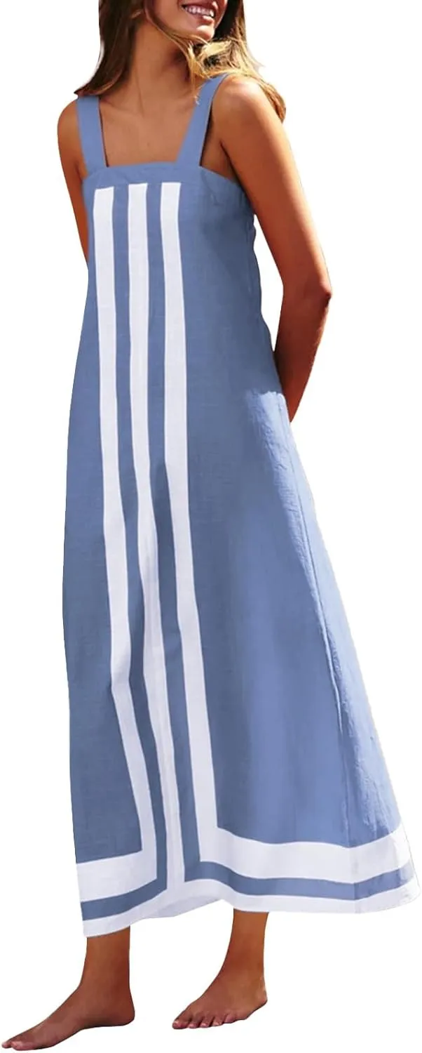 Color Block Dress for Women Sleeveless Boho Shoulder Strap Striped Flowy Beach Casual Summer Cover Up Maxi Long Dress