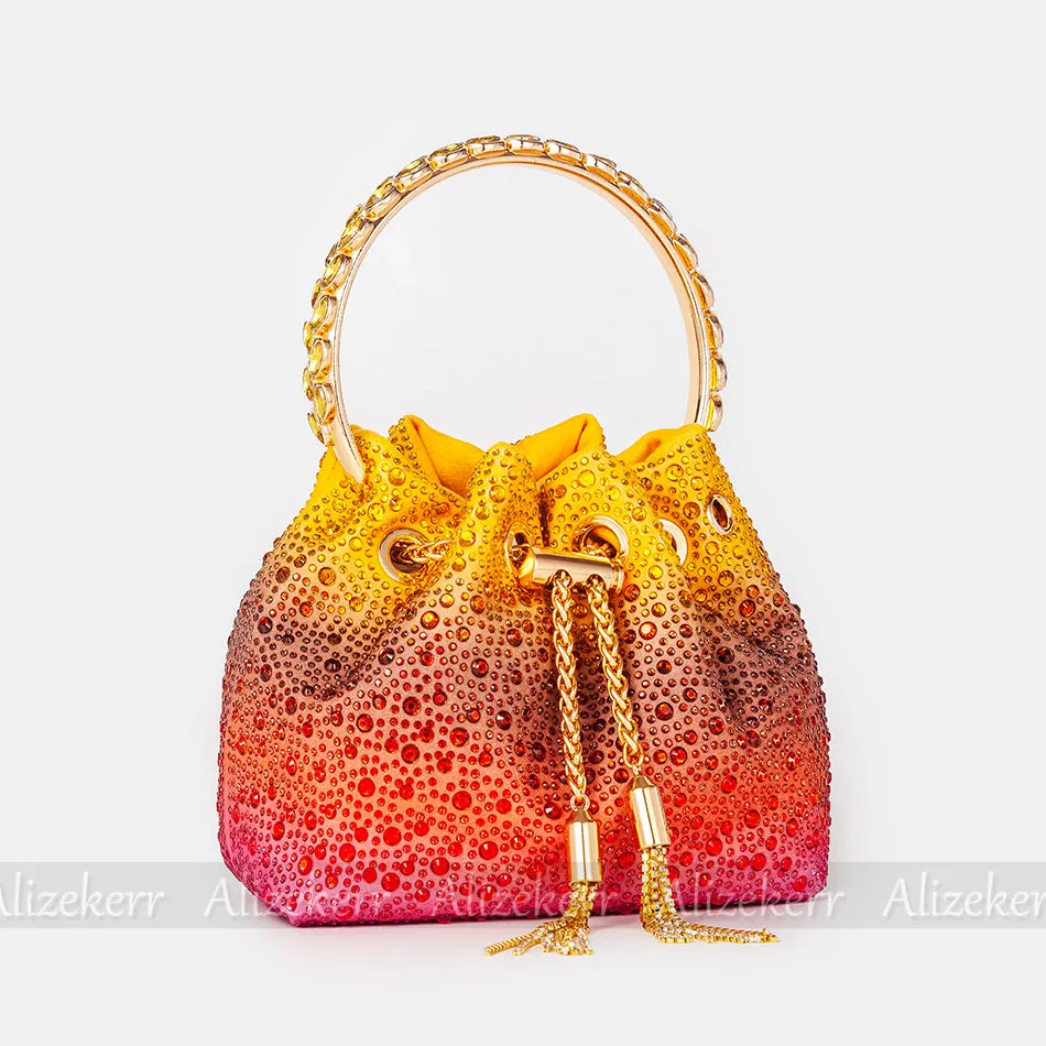 Color Diamond Tassel Bucket Handbags Women 2022 New Luxury Designer Round Metal Handle Crystal Clutch Purse Bridal Wedding Party