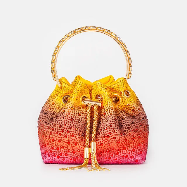 Color Diamond Tassel Bucket Handbags Women 2022 New Luxury Designer Round Metal Handle Crystal Clutch Purse Bridal Wedding Party