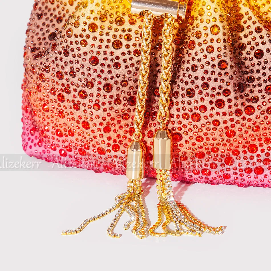 Color Diamond Tassel Bucket Handbags Women 2022 New Luxury Designer Round Metal Handle Crystal Clutch Purse Bridal Wedding Party