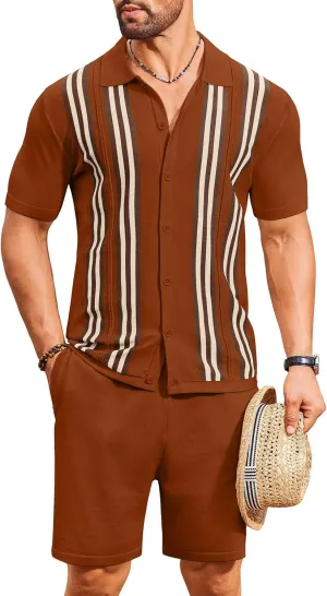 COOFANDY Men's 2 Piece Outfits Summer Short Sets Vintage Knit Button Down Shirt Short Sleeve Polo Casual Beach Suits
