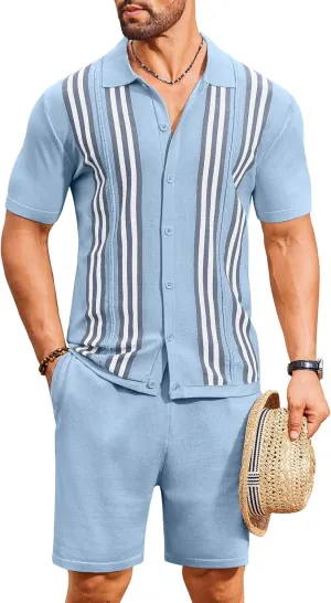 COOFANDY Men's 2 Piece Outfits Summer Short Sets Vintage Knit Button Down Shirt Short Sleeve Polo Casual Beach Suits