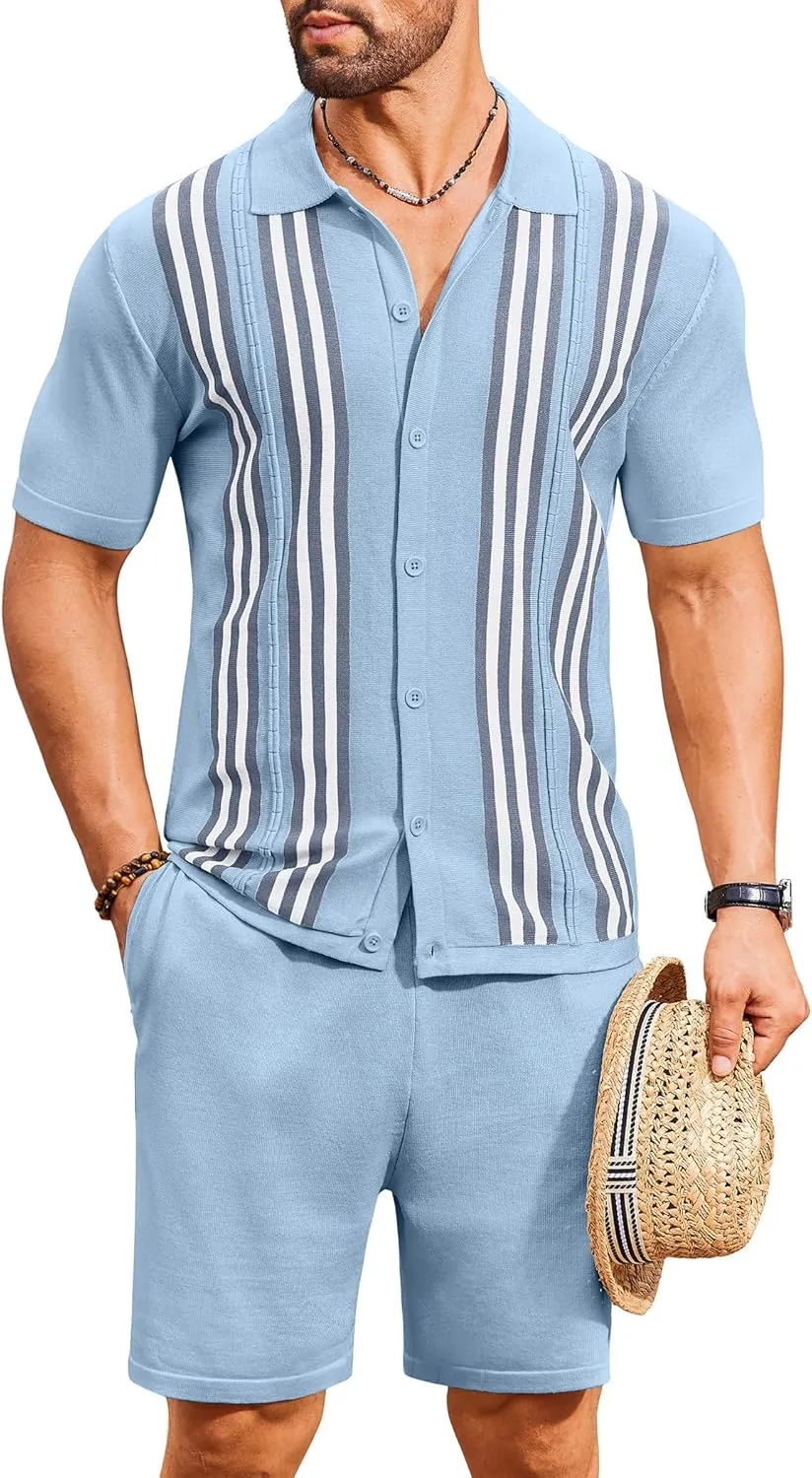 COOFANDY Men's 2 Piece Outfits Summer Short Sets Vintage Knit Button Down Shirt Short Sleeve Polo Casual Beach Suits