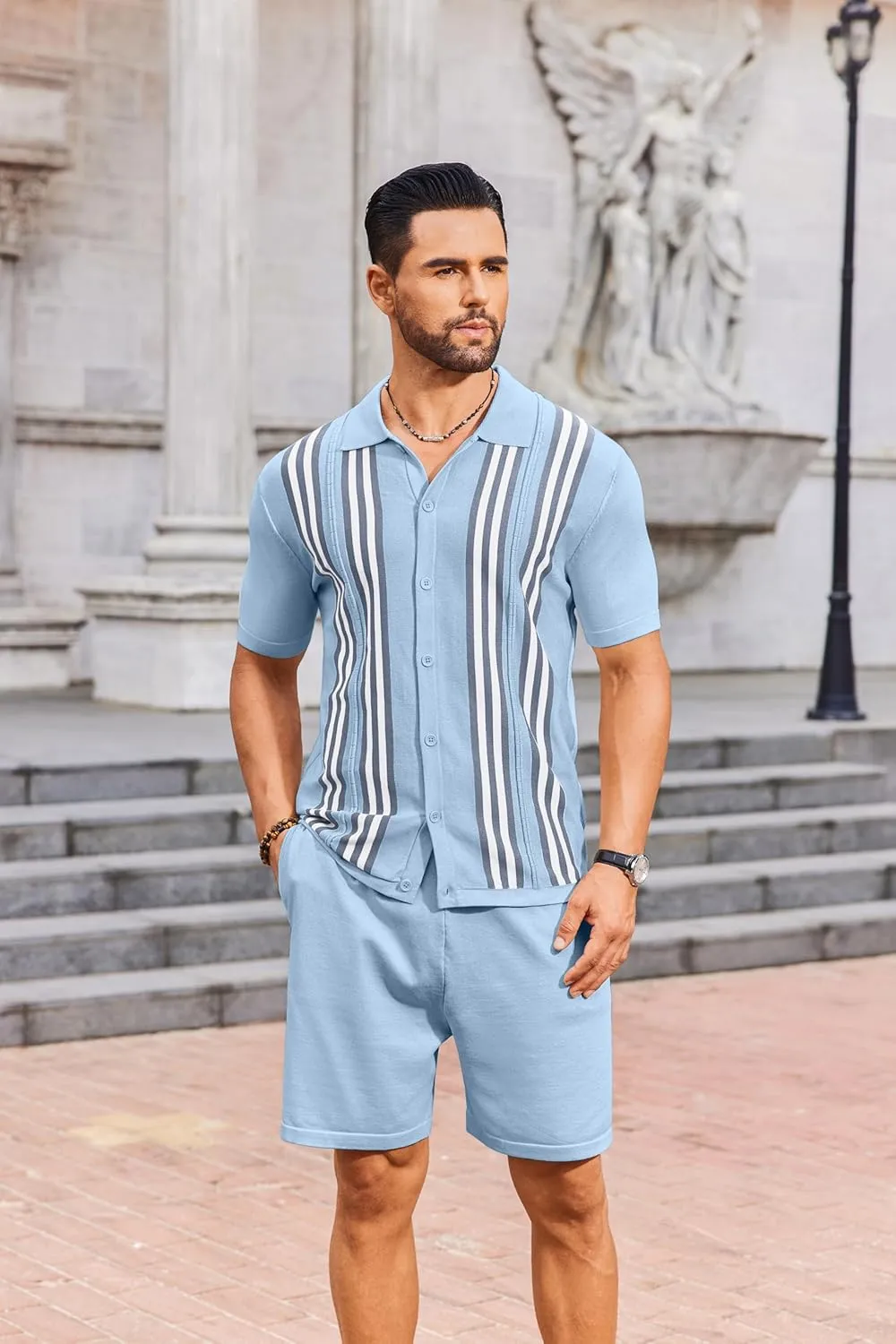 COOFANDY Men's 2 Piece Outfits Summer Short Sets Vintage Knit Button Down Shirt Short Sleeve Polo Casual Beach Suits