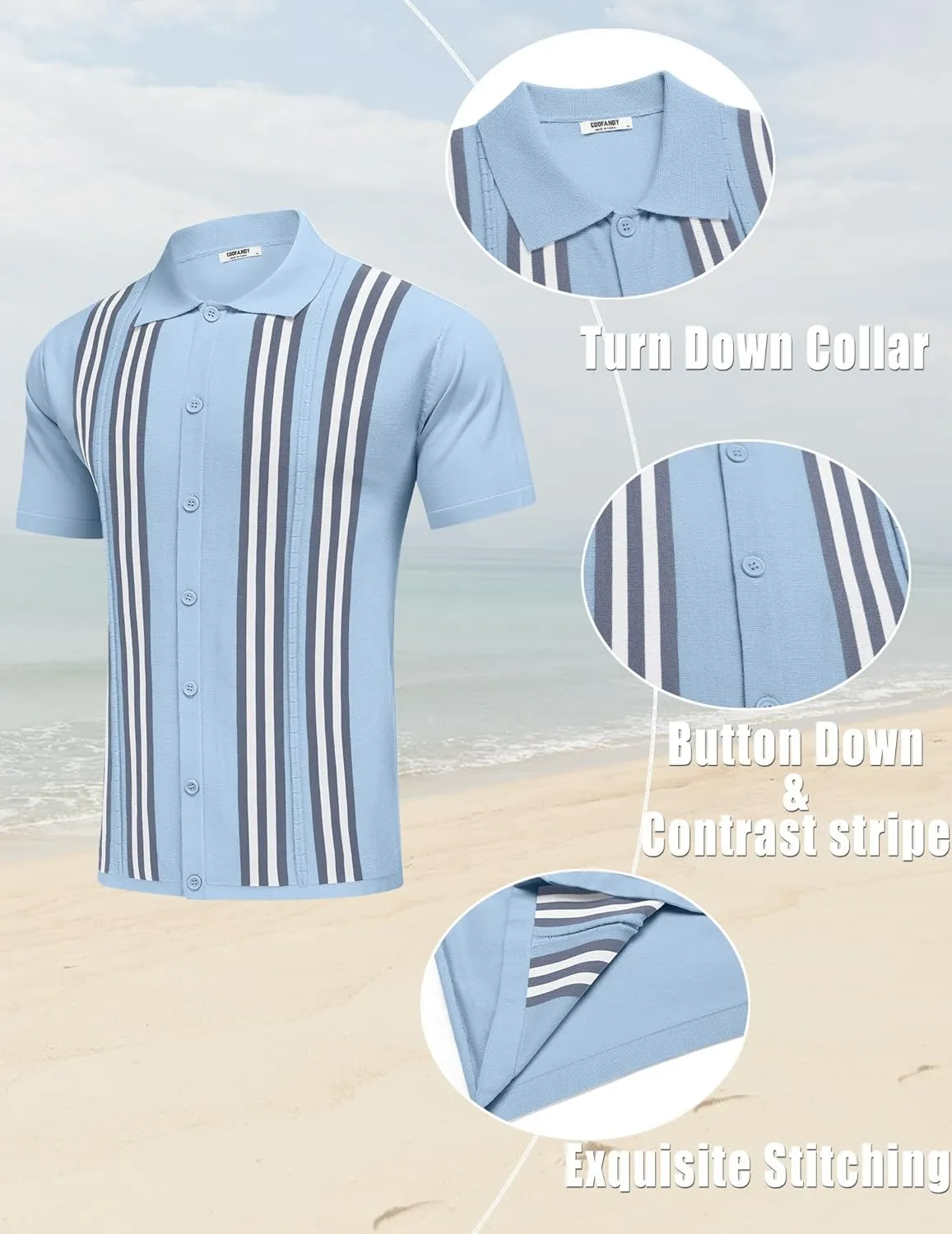 COOFANDY Men's 2 Piece Outfits Summer Short Sets Vintage Knit Button Down Shirt Short Sleeve Polo Casual Beach Suits