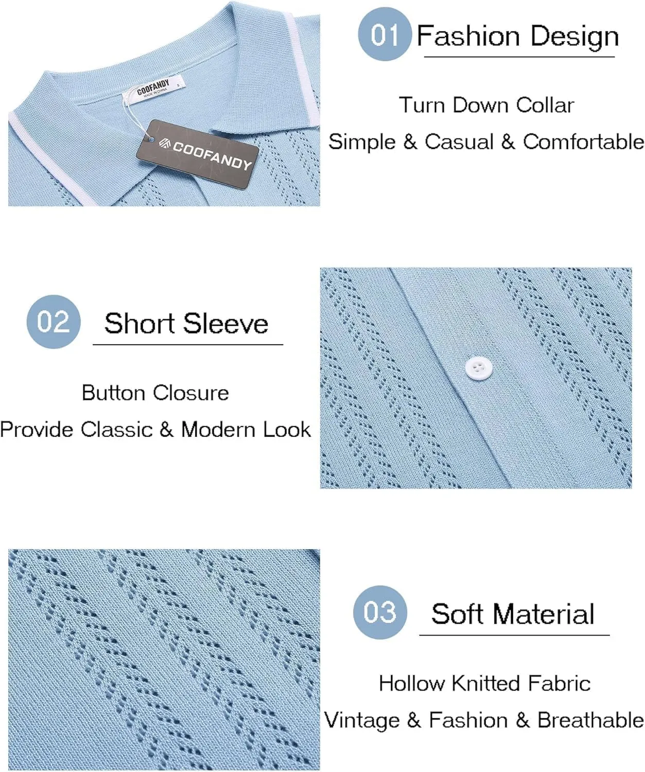 COOFANDY Men's Knit Button Down Shirt Vintage Short Sleeve Polo Shirts Casual Beach Tops