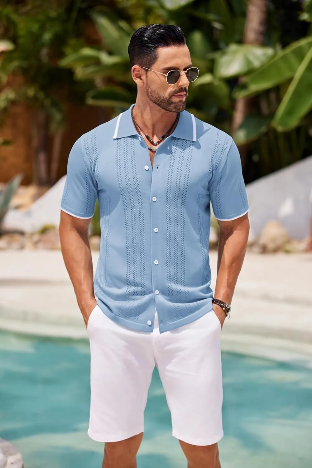 COOFANDY Men's Knit Button Down Shirt Vintage Short Sleeve Polo Shirts Casual Beach Tops