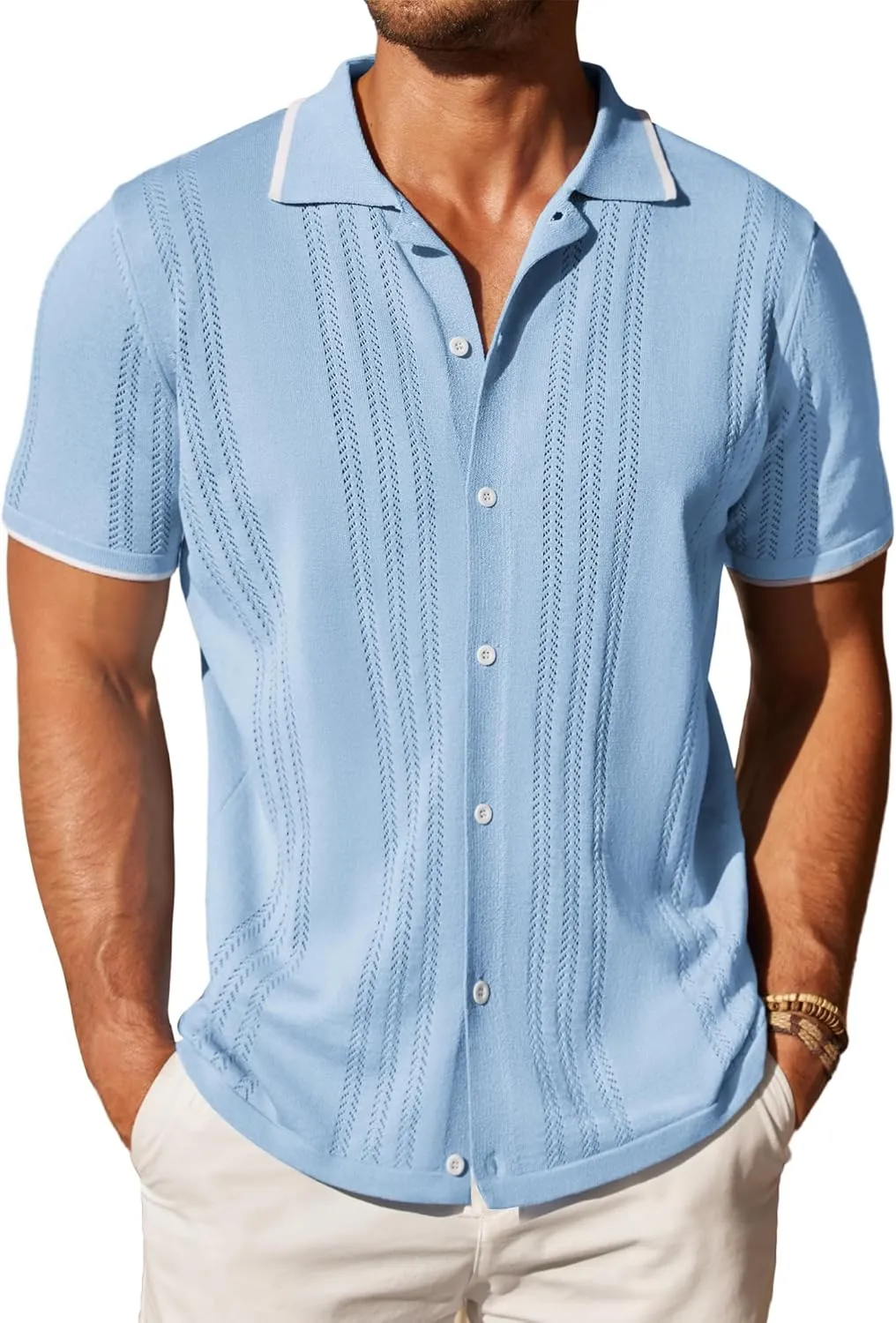 COOFANDY Men's Knit Button Down Shirt Vintage Short Sleeve Polo Shirts Casual Beach Tops