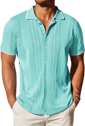 COOFANDY Men's Knit Button Down Shirt Vintage Short Sleeve Polo Shirts Casual Beach Tops
