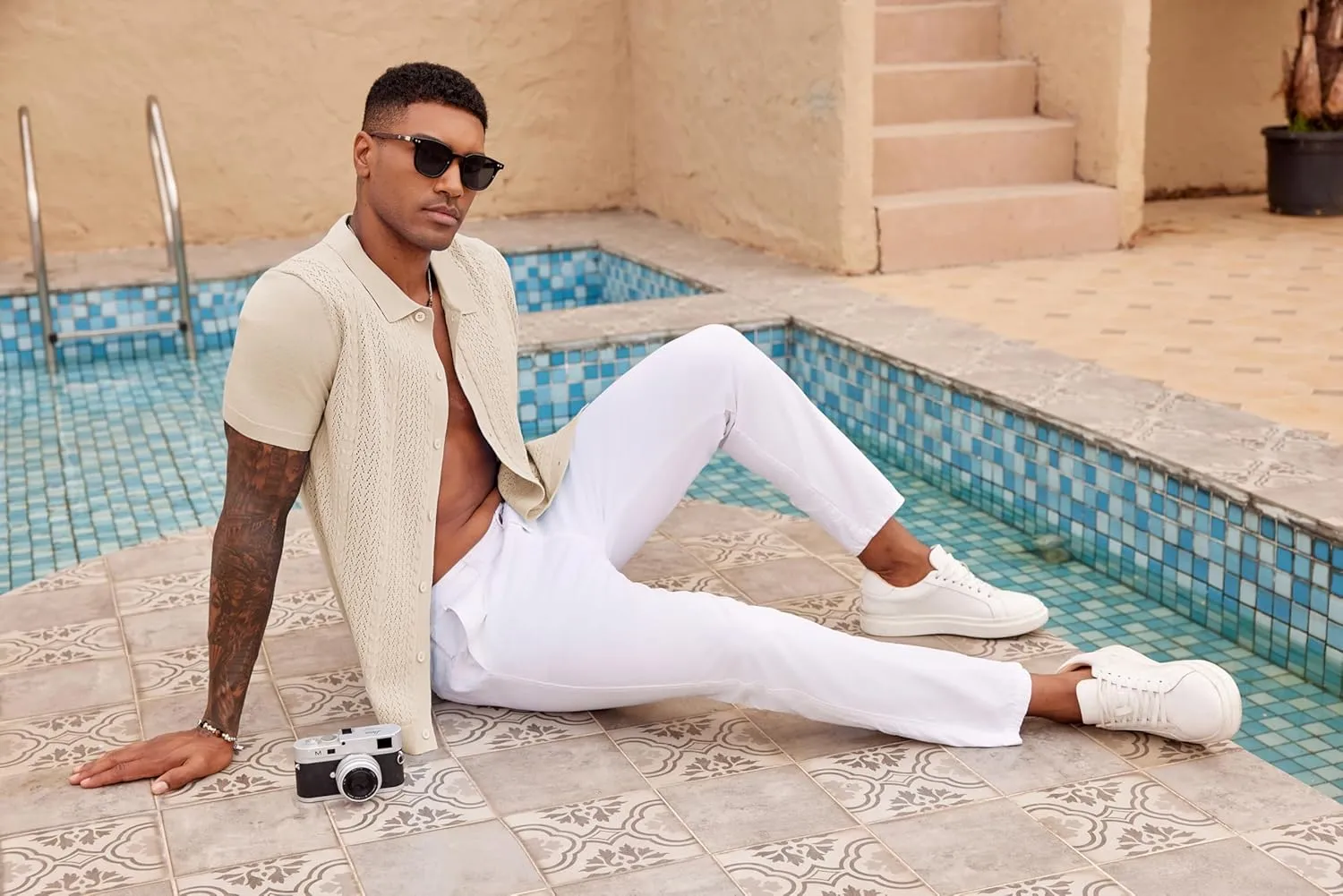 COOFANDY Mens Knit Polo Shirts Short Sleeve Button Down Shirts Casual Crochet Shirt Summer Vintage Polo