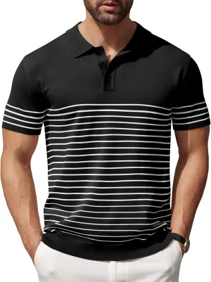 COOFANDY Men's Knit Polo Shirts Short Sleeve Striped Golf Polo Shirts Lightweight Casual Collared T Shirt