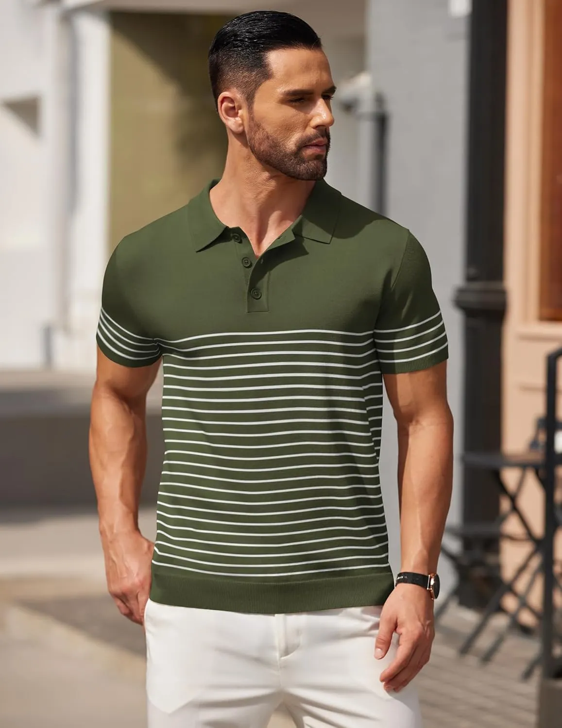 COOFANDY Men's Knit Polo Shirts Short Sleeve Striped Golf Polo Shirts Lightweight Casual Collared T Shirt