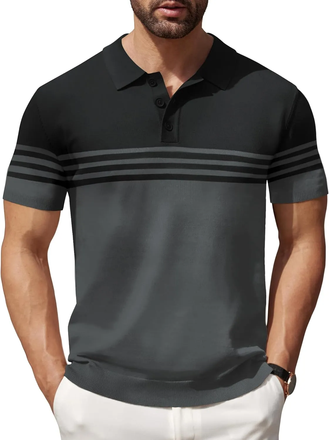 COOFANDY Men's Knit Polo Shirts Short Sleeve Striped Golf Polo Shirts Lightweight Casual Collared T Shirt
