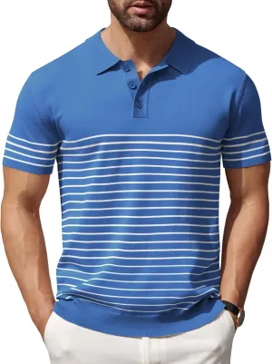 COOFANDY Men's Knit Polo Shirts Short Sleeve Striped Golf Polo Shirts Lightweight Casual Collared T Shirt