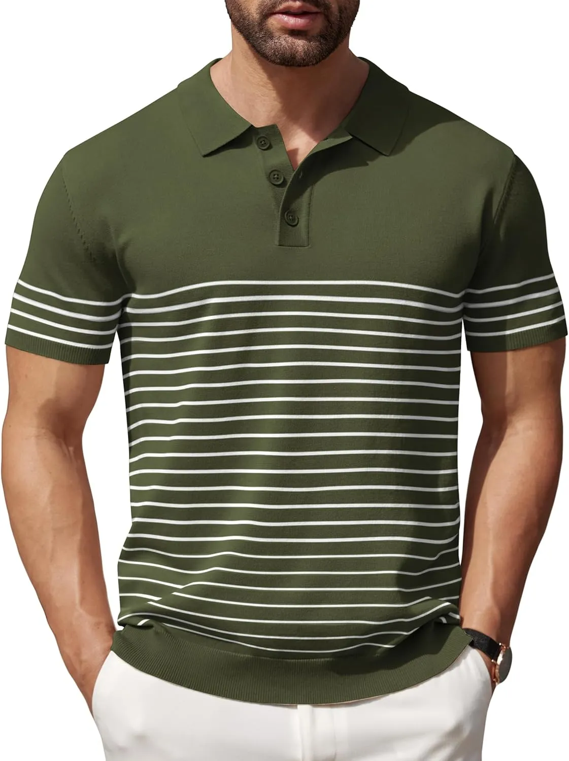 COOFANDY Men's Knit Polo Shirts Short Sleeve Striped Golf Polo Shirts Lightweight Casual Collared T Shirt