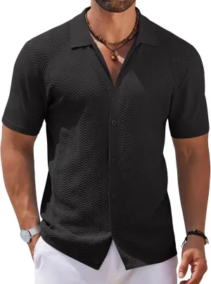 COOFANDY Mens Knit Short Sleeve Shirt Casual Button Down Shirt Vintage Fashion Polo Shirts Crochet Summer Beach Shirts