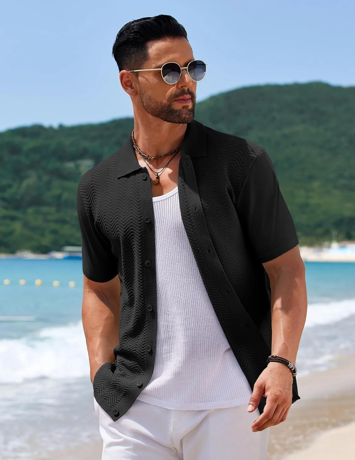 COOFANDY Mens Knit Short Sleeve Shirt Casual Button Down Shirt Vintage Fashion Polo Shirts Crochet Summer Beach Shirts